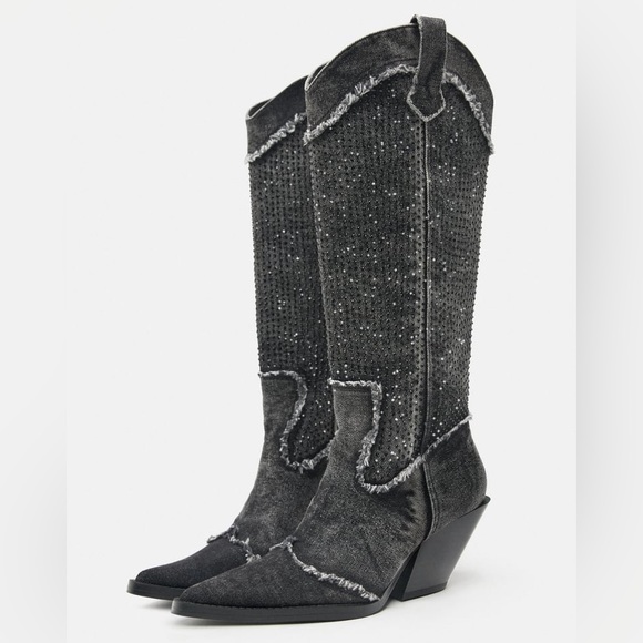 Zara Rhinestone Denim Cowboy Boots - Picture 3 of 10